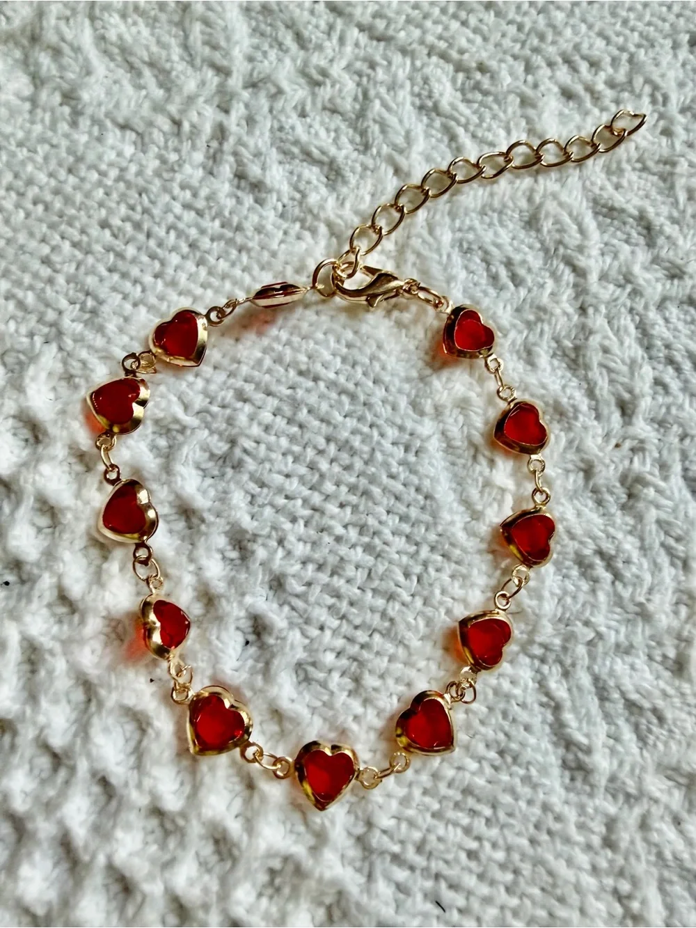 Gold Bracelet with Red Heart Stones - Women Jewelry